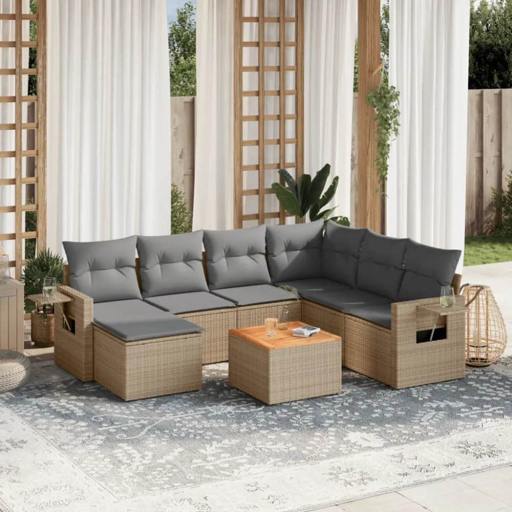 8-delige Loungeset met kussens poly rattan beige vidaXL