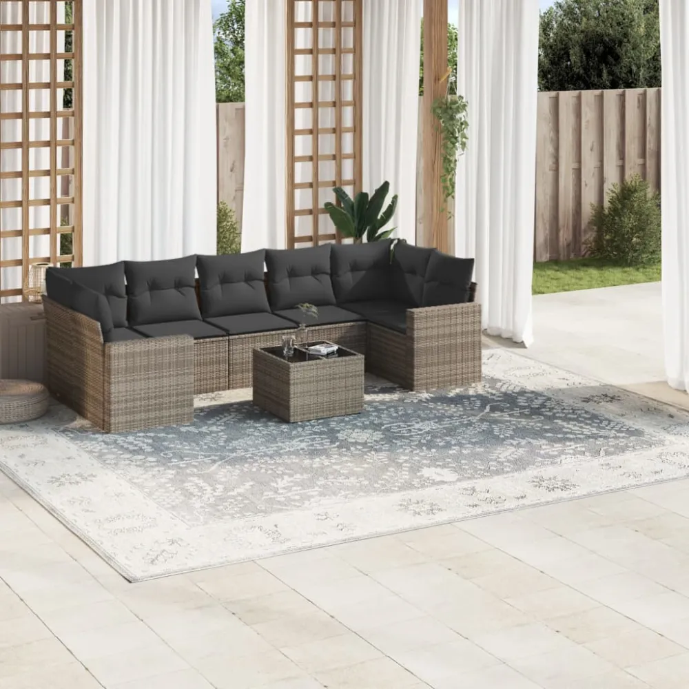 8-delige Loungeset met kussens poly rattan grijs vidaXL
