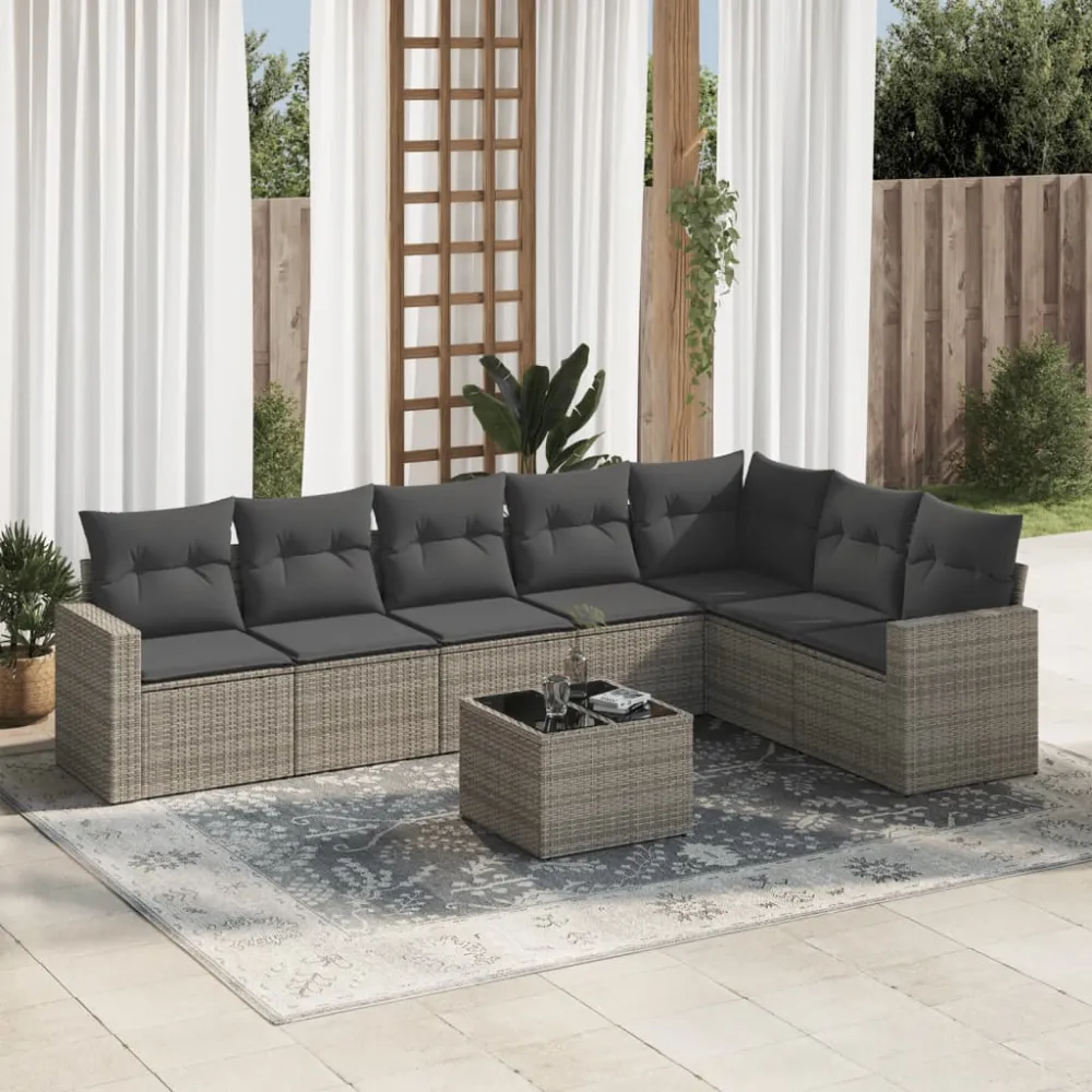 8-delige Loungeset met kussens poly rattan grijs vidaXL