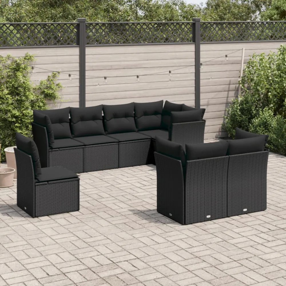 8-delige Loungeset met kussens poly rattan zwart vidaXL