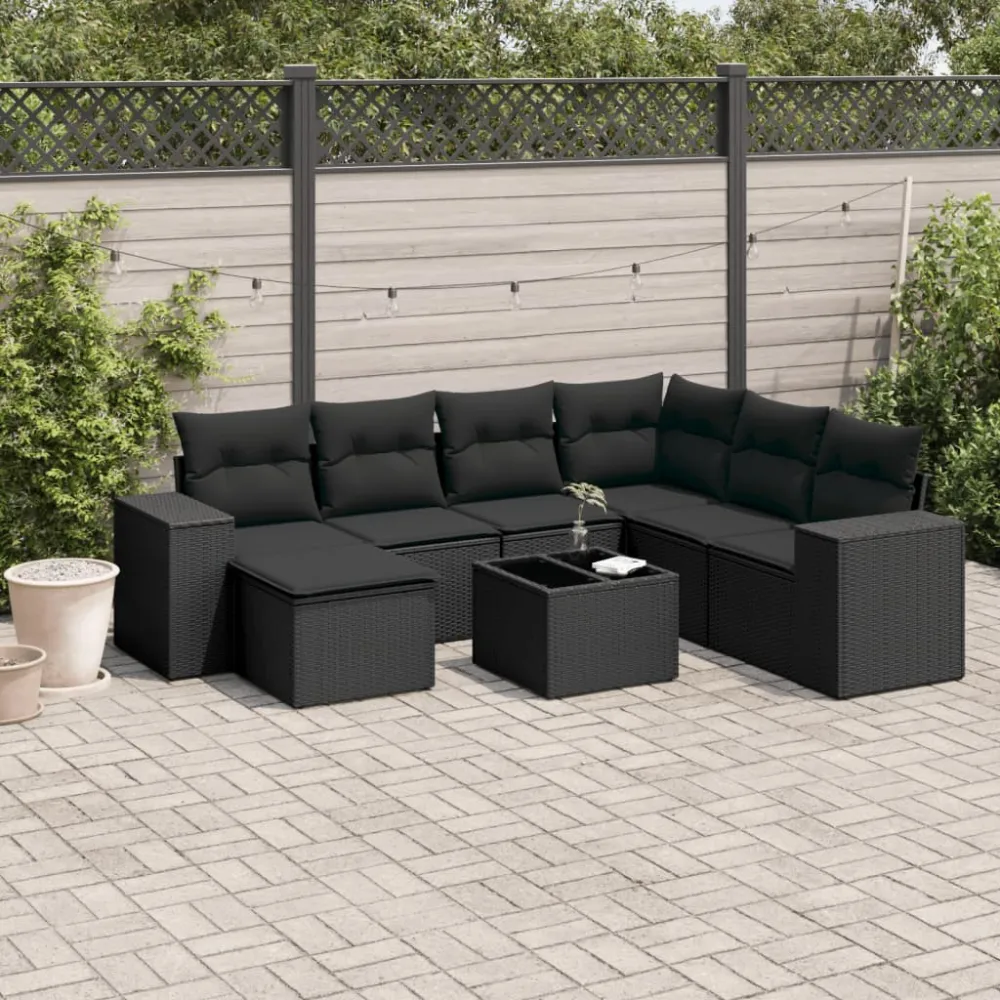8-delige Loungeset met kussens poly rattan zwart vidaXL