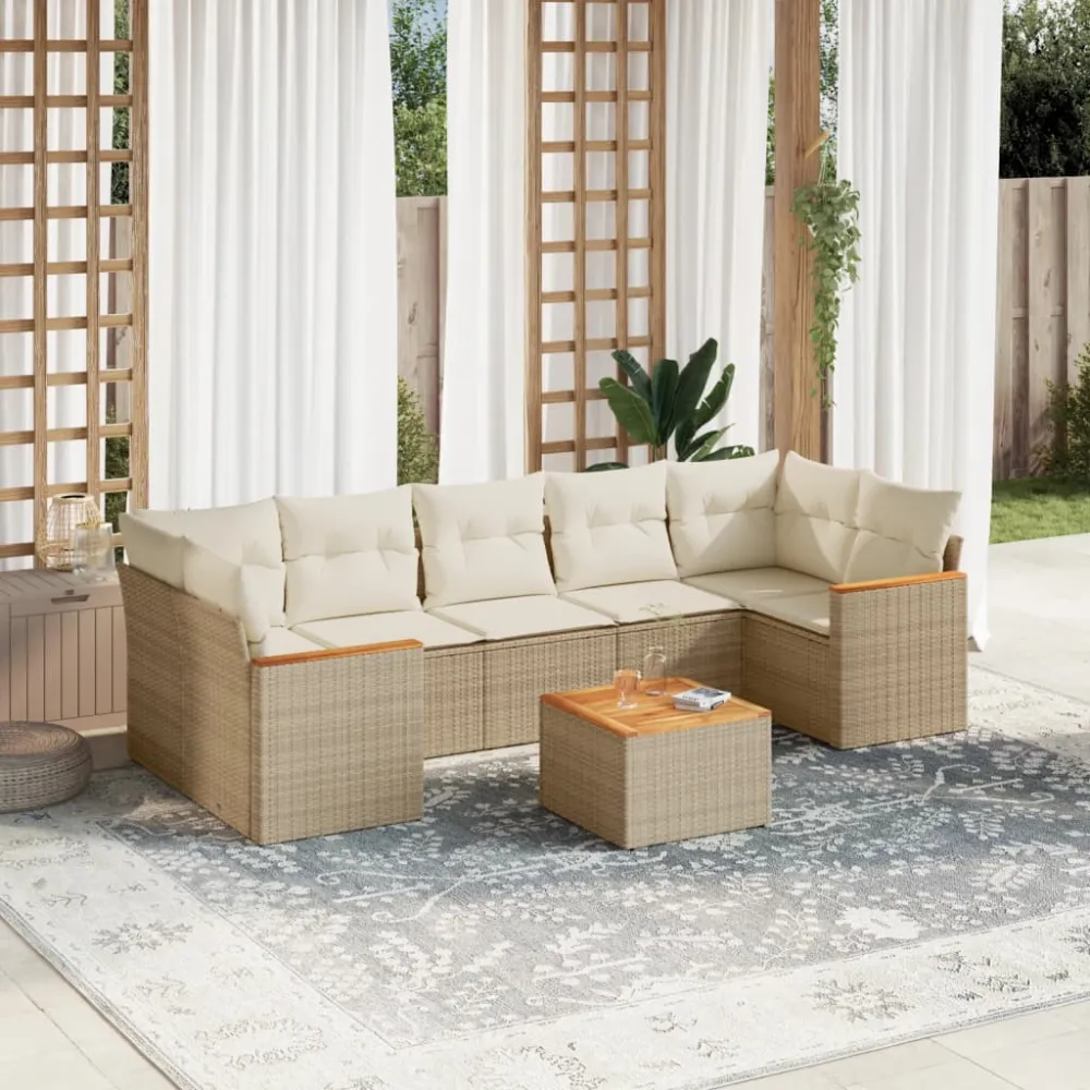 8-delige Loungeset met kussens poly rattan beige vidaXL