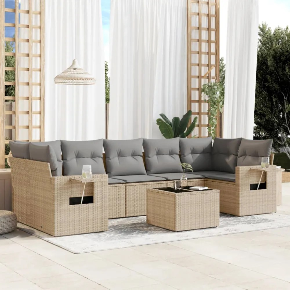 8-delige Loungeset met kussens poly rattan beige vidaXL