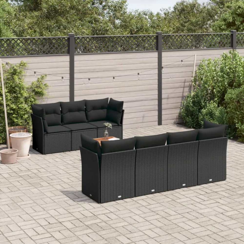 8-delige Loungeset met kussens poly rattan zwart vidaXL