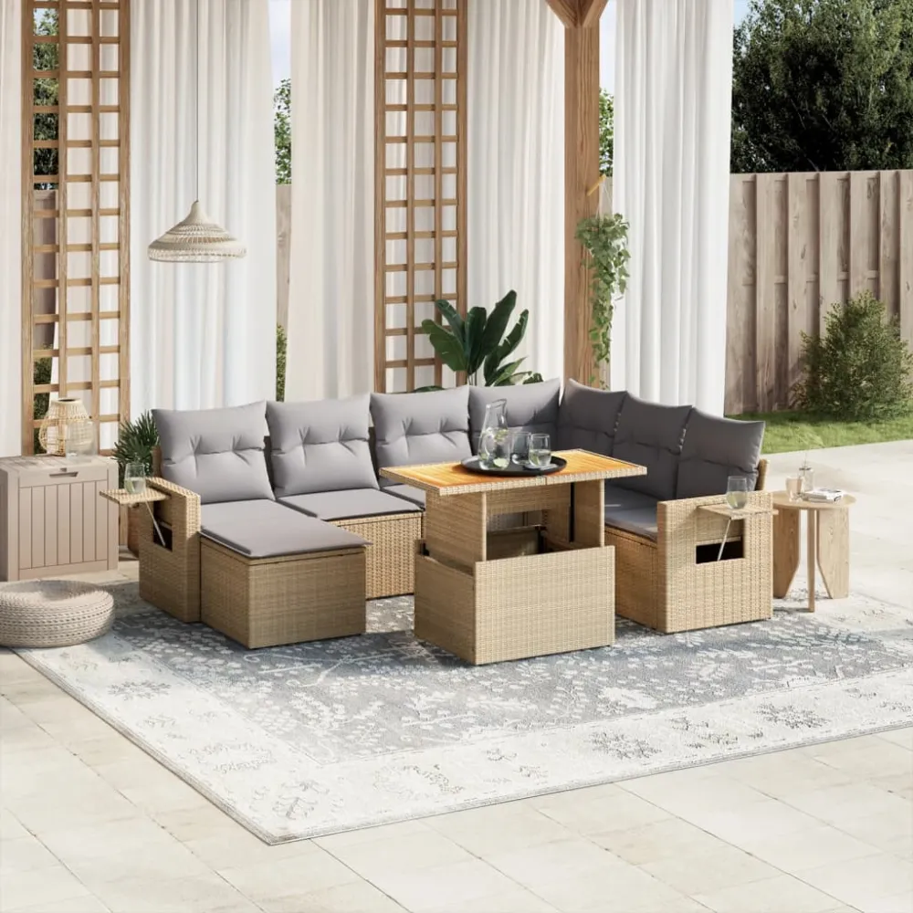 8-delige Loungeset met kussens poly rattan beige vidaXL