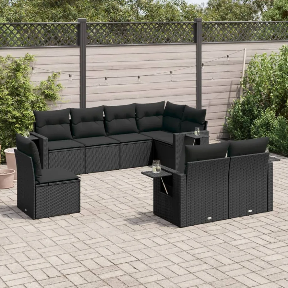 8-delige Loungeset met kussens poly rattan zwart vidaXL