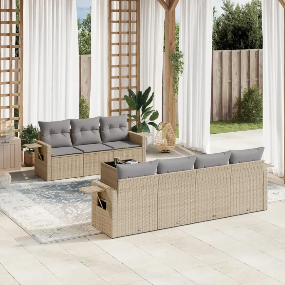 8-delige Loungeset met kussens poly rattan beige vidaXL