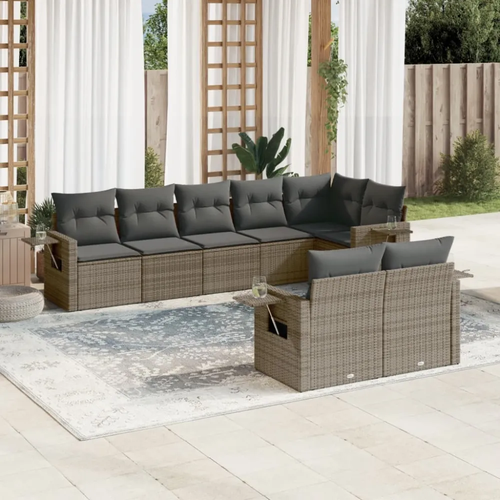 8-delige Loungeset met kussens poly rattan grijs vidaXL