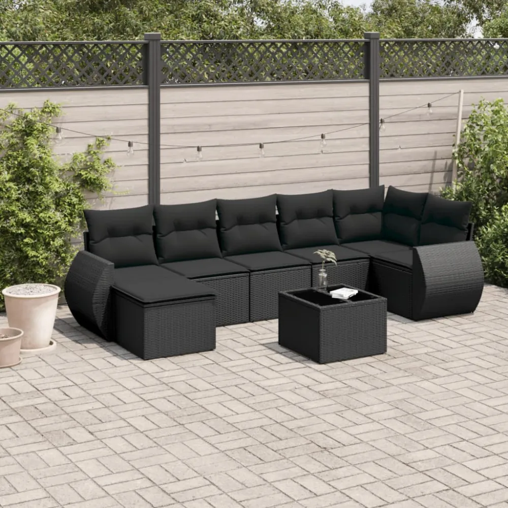 8-delige Loungeset met kussens poly rattan zwart vidaXL