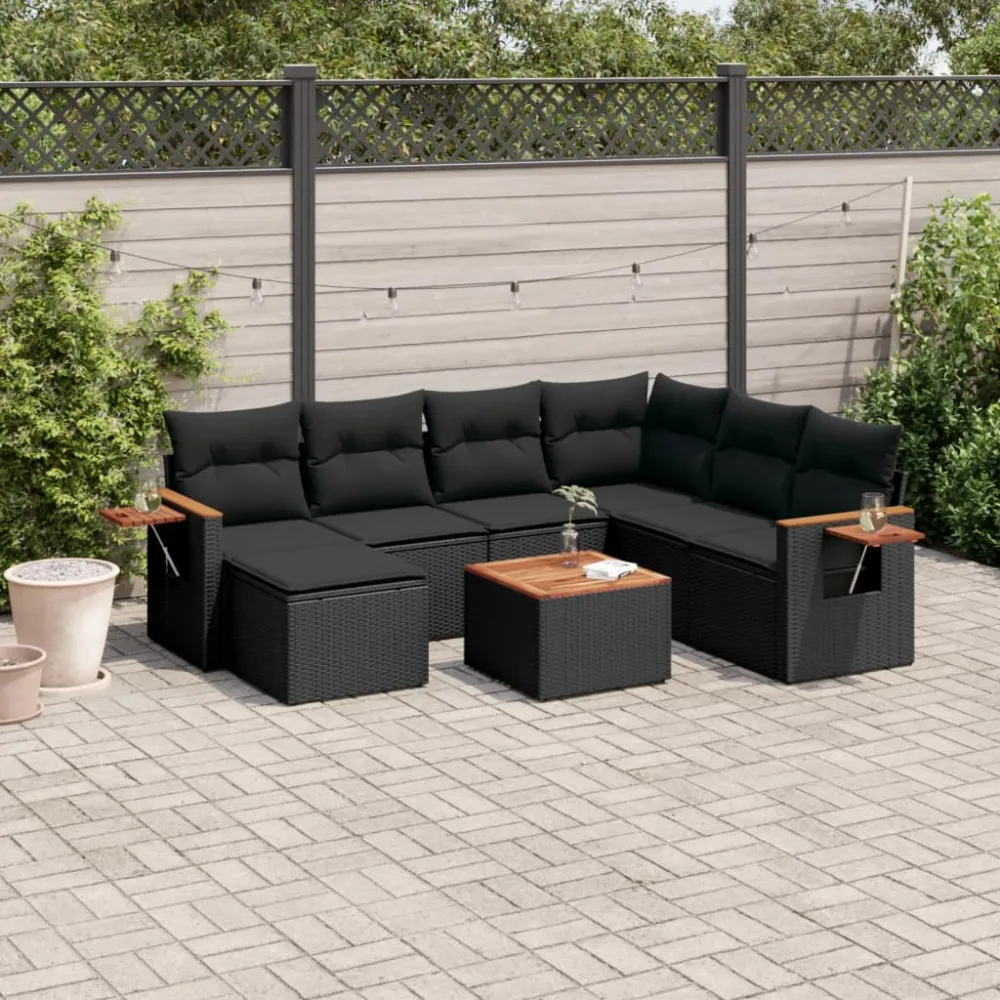 8-delige Loungeset met kussens poly rattan zwart vidaXL