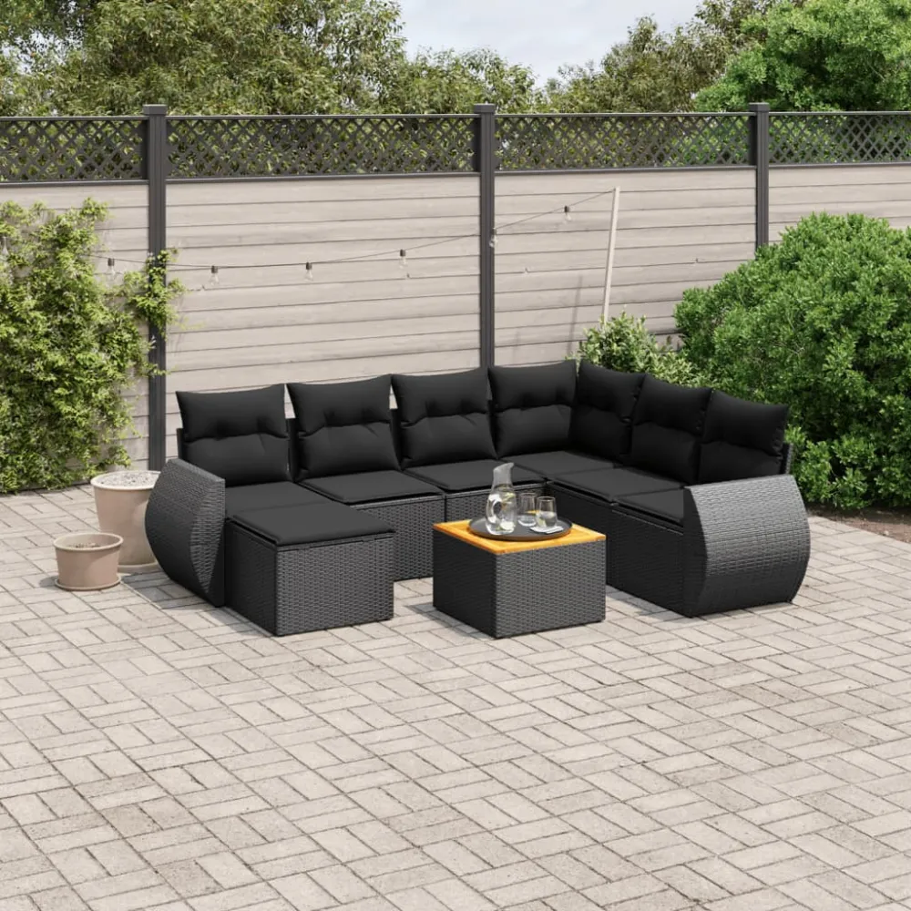 8-delige Loungeset met kussens poly rattan zwart vidaXL