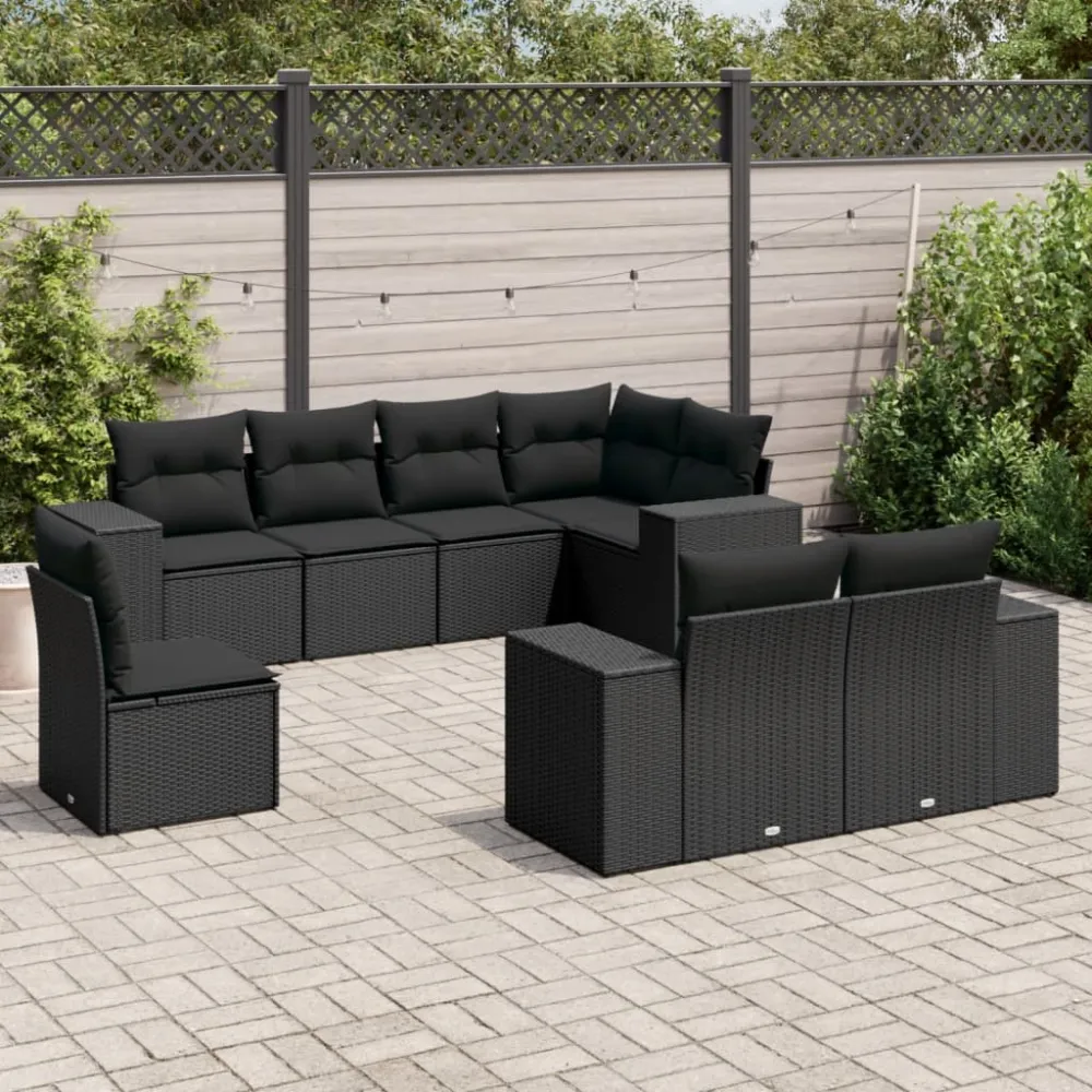 8-delige Loungeset met kussens poly rattan zwart vidaXL