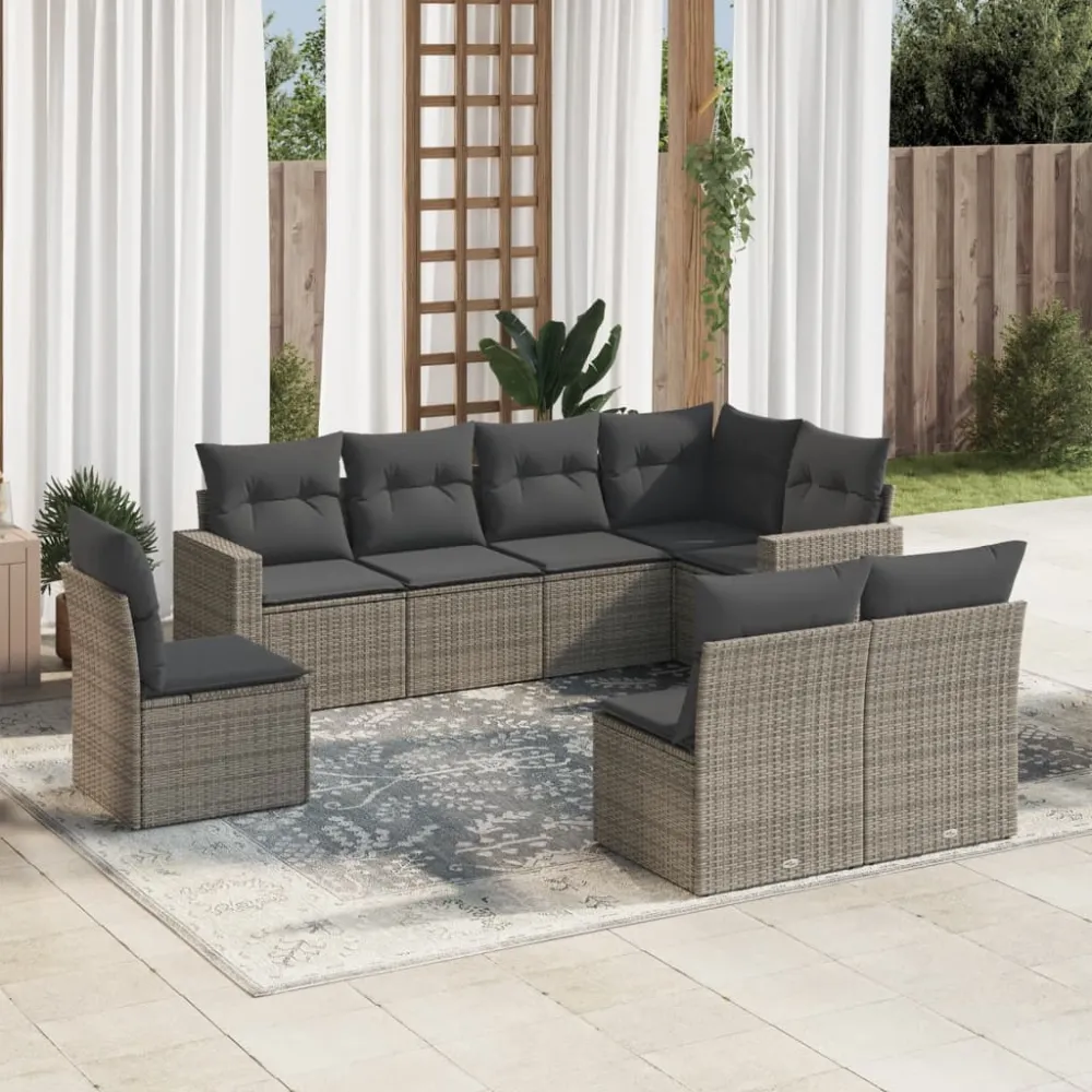 8-delige Loungeset met kussens poly rattan grijs vidaXL