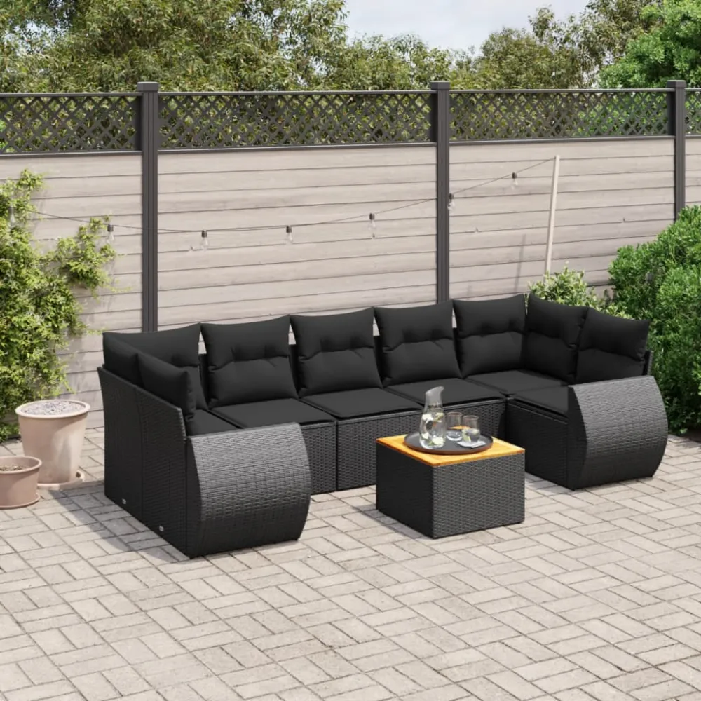 8-delige Loungeset met kussens poly rattan zwart vidaXL