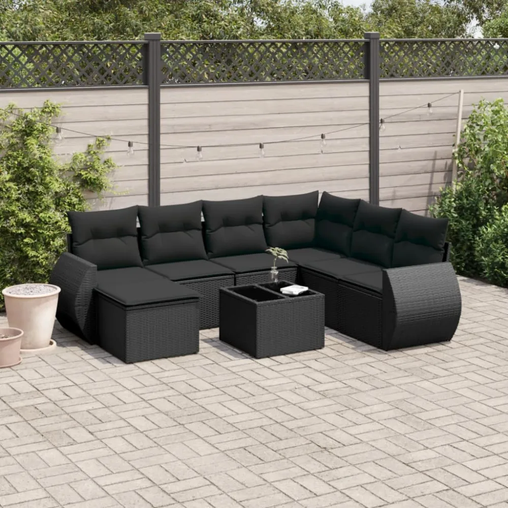 8-delige Loungeset met kussens poly rattan zwart vidaXL