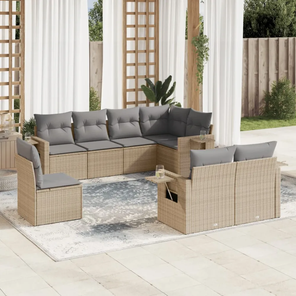 8-delige Loungeset met kussens poly rattan beige vidaXL