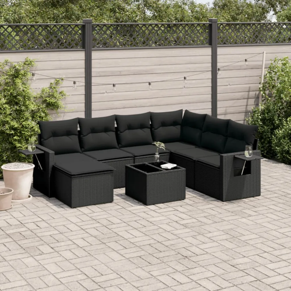 8-delige Loungeset met kussens poly rattan zwart vidaXL