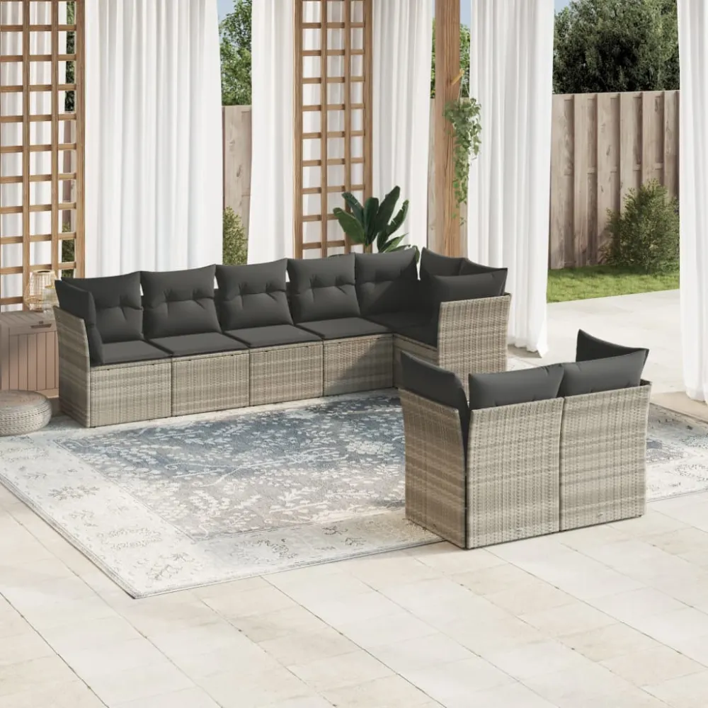 8-delige Loungeset met kussens poly rattan lichtgrijs vidaXL