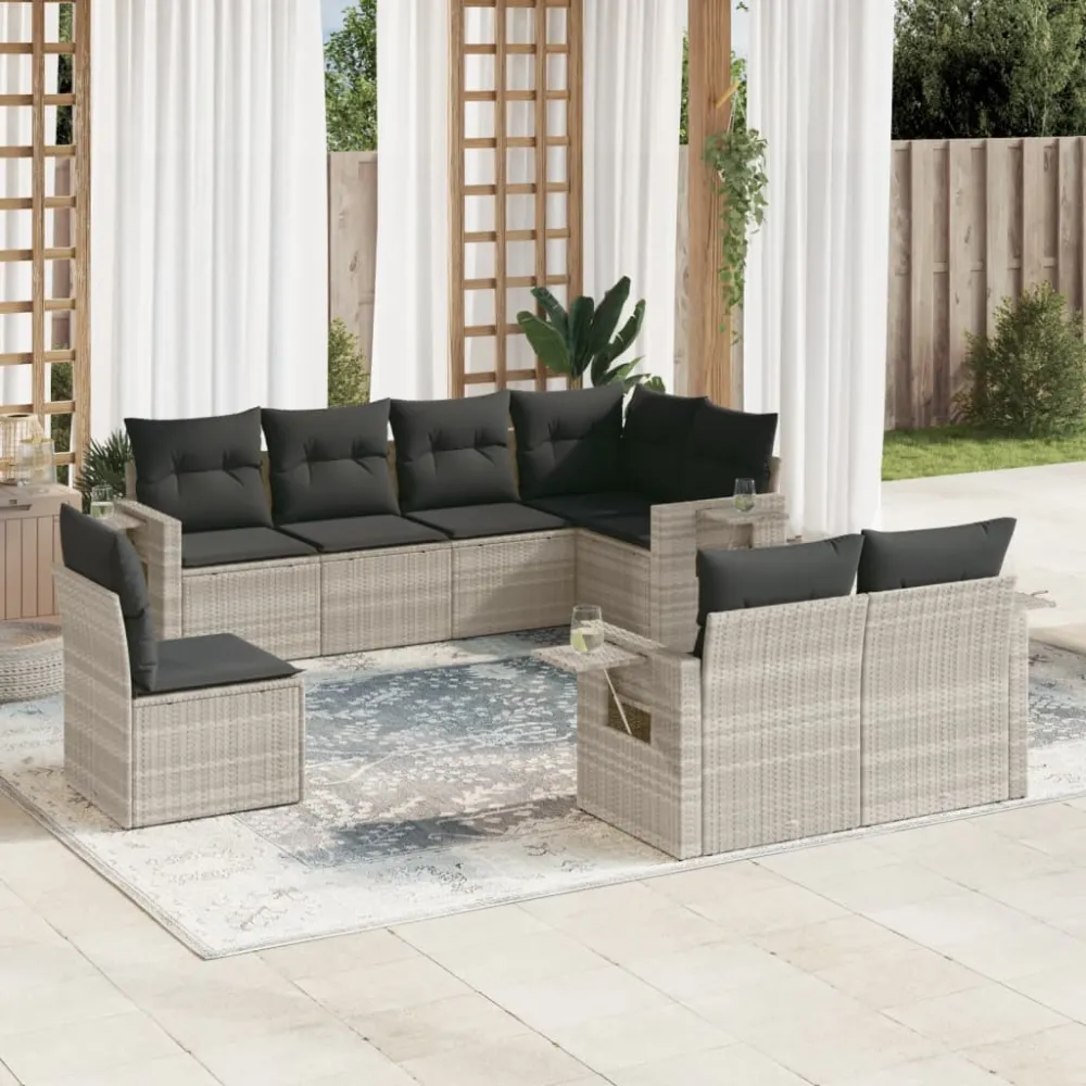8-delige Loungeset met kussens poly rattan lichtgrijs vidaXL