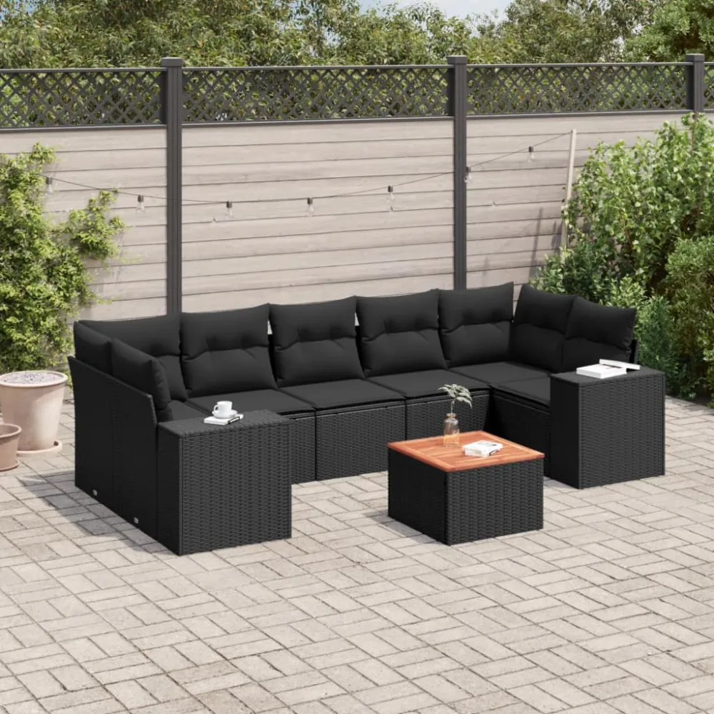 8-delige Loungeset met kussens poly rattan zwart vidaXL