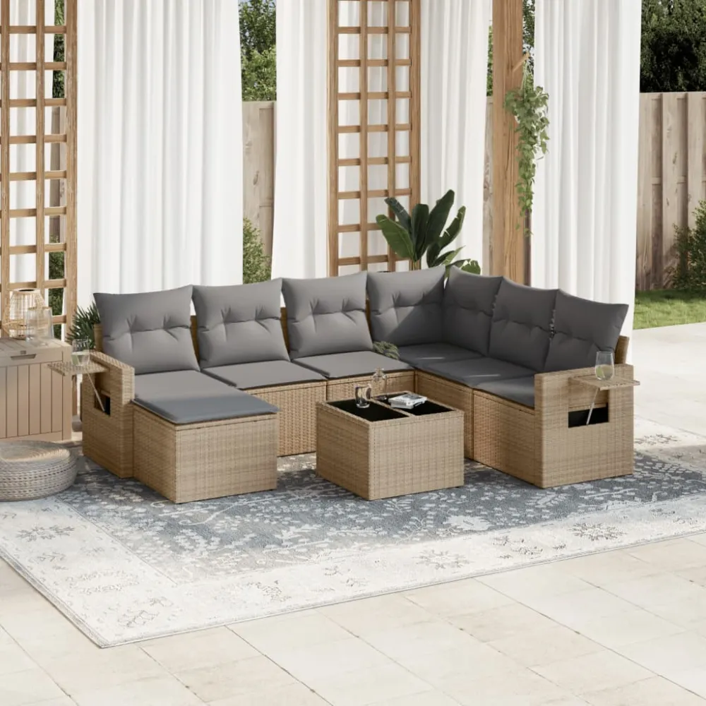 8-delige Loungeset met kussens poly rattan beige vidaXL