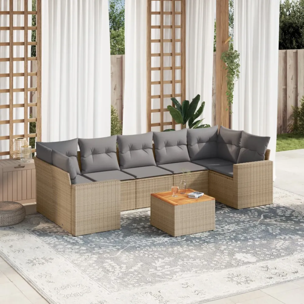 8-delige Loungeset met kussens poly rattan beige vidaXL