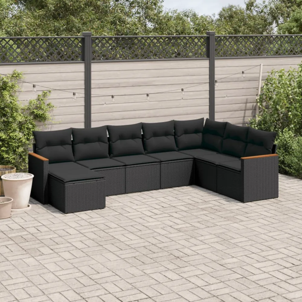 8-delige Loungeset met kussens poly rattan zwart vidaXL