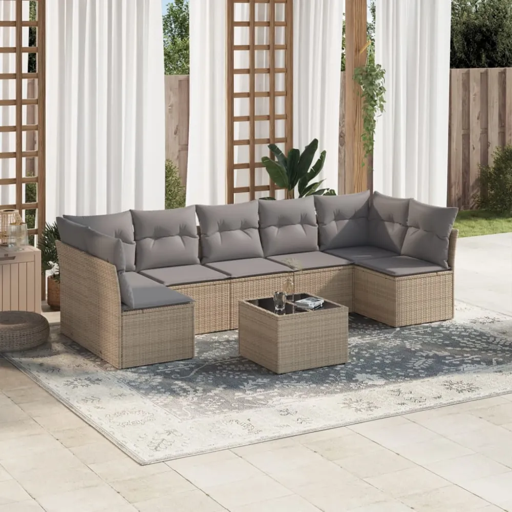 8-delige Loungeset met kussens poly rattan beige vidaXL