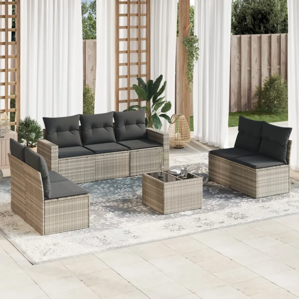 8-delige Loungeset met kussens poly rattan lichtgrijs vidaXL