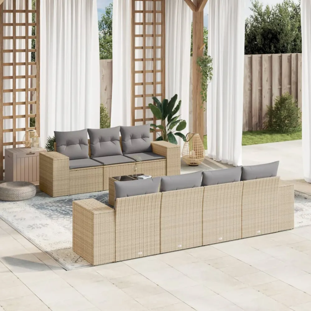 8-delige Loungeset met kussens poly rattan beige vidaXL