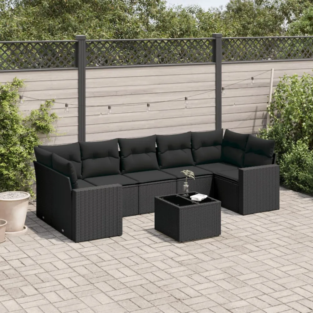 8-delige Loungeset met kussens poly rattan zwart vidaXL