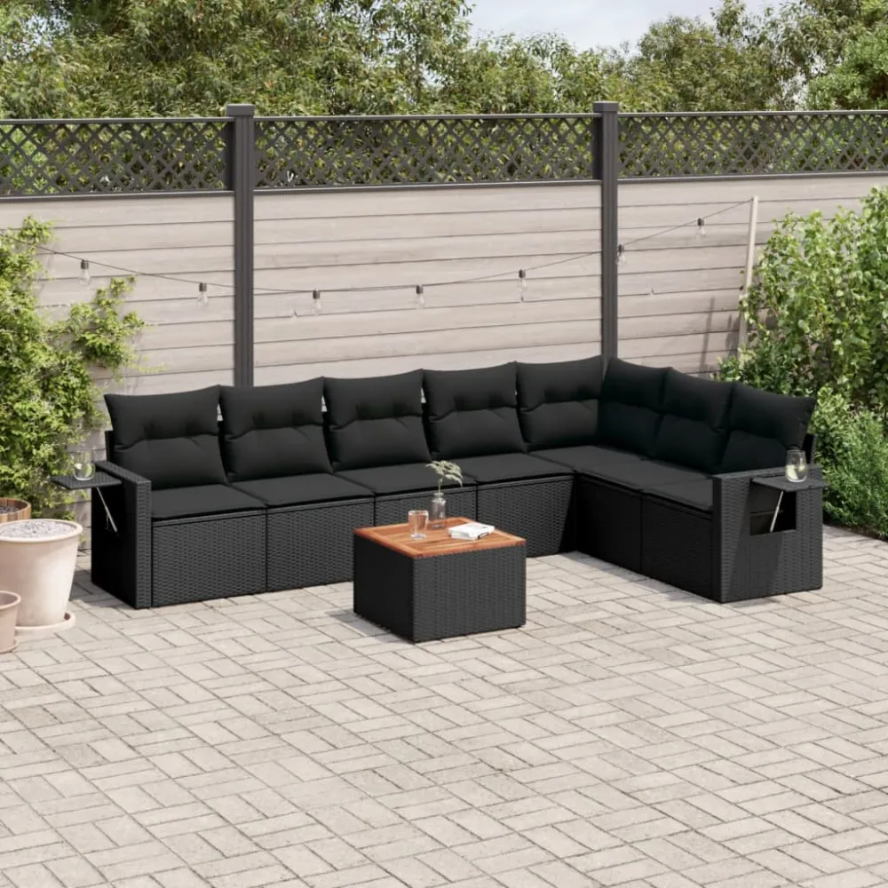 8-delige Loungeset met kussens poly rattan zwart vidaXL