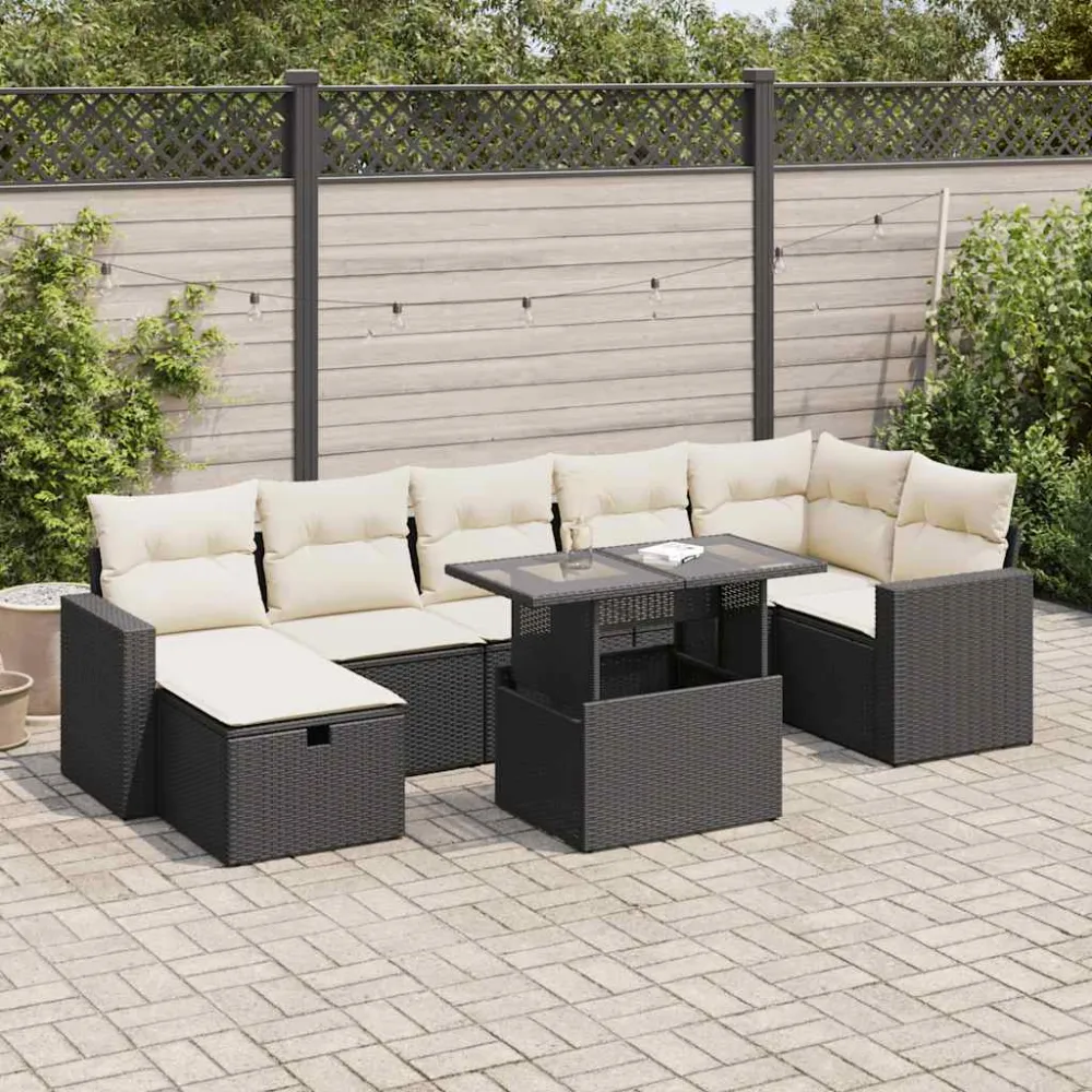 8-delige Loungeset met kussens poly rattan zwart vidaXL