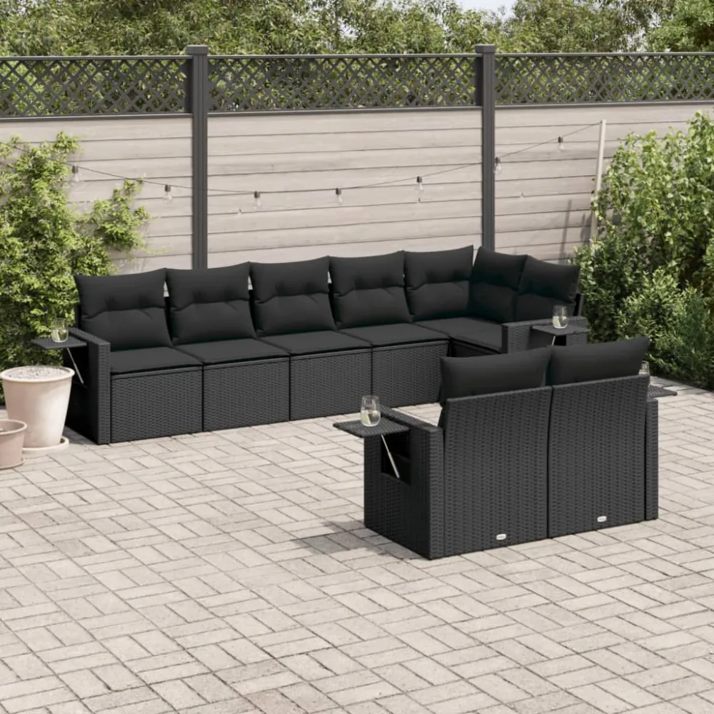 8-delige Loungeset met kussens poly rattan zwart vidaXL