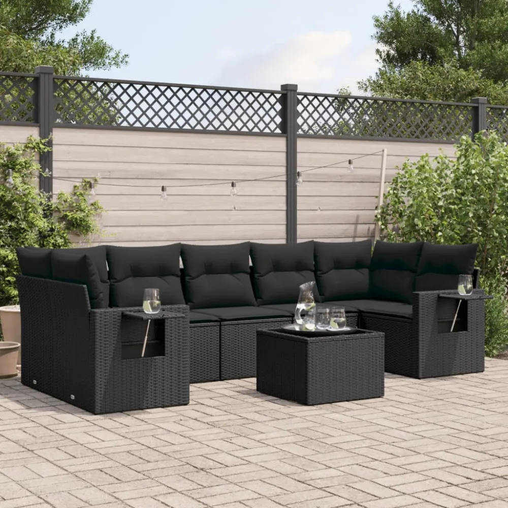 8-delige Loungeset met kussens poly rattan zwart vidaXL