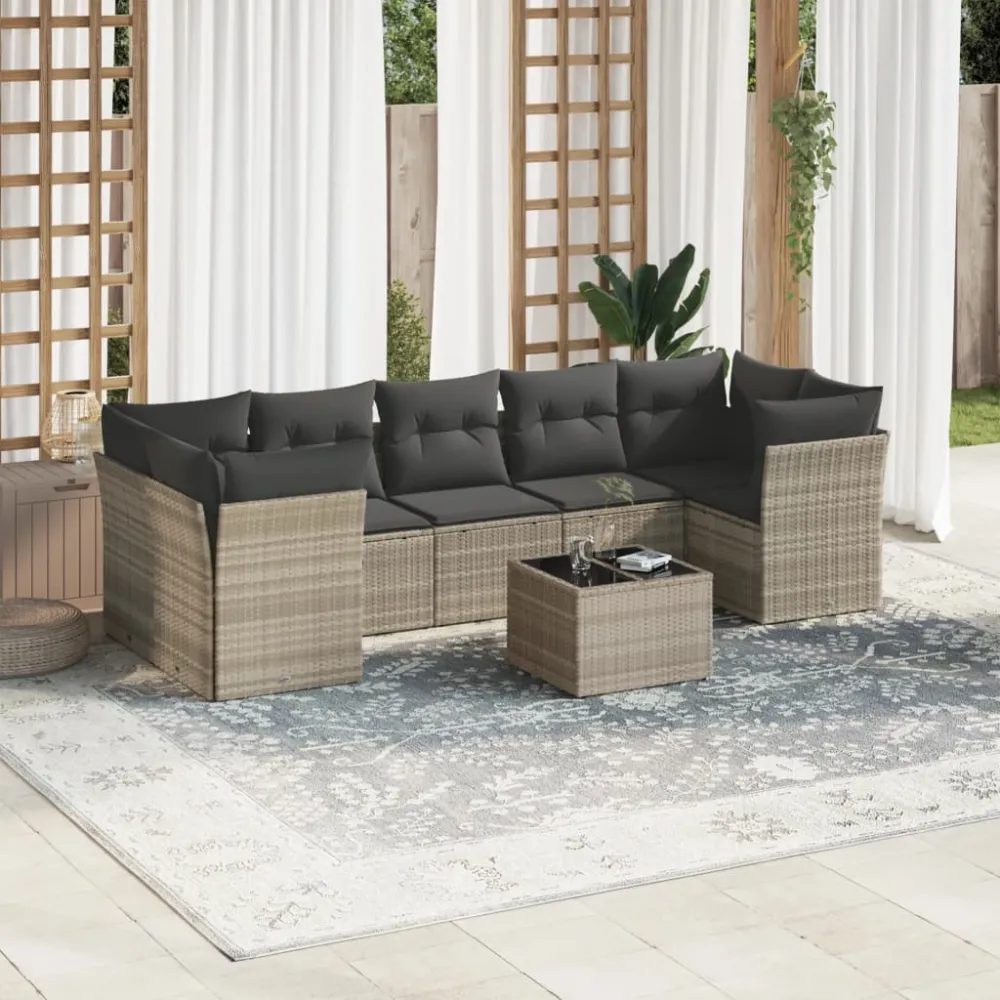 8-delige Loungeset met kussens poly rattan lichtgrijs vidaXL