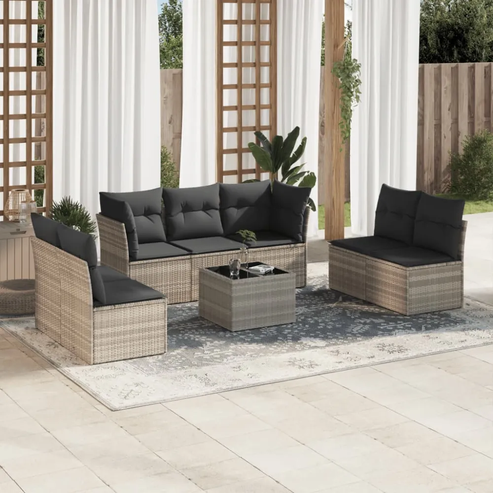 8-delige Loungeset met kussens poly rattan lichtgrijs vidaXL