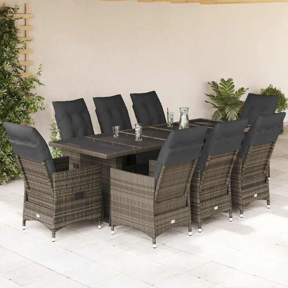 9-delige Bistroset met kussens poly rattan grijs vidaXL