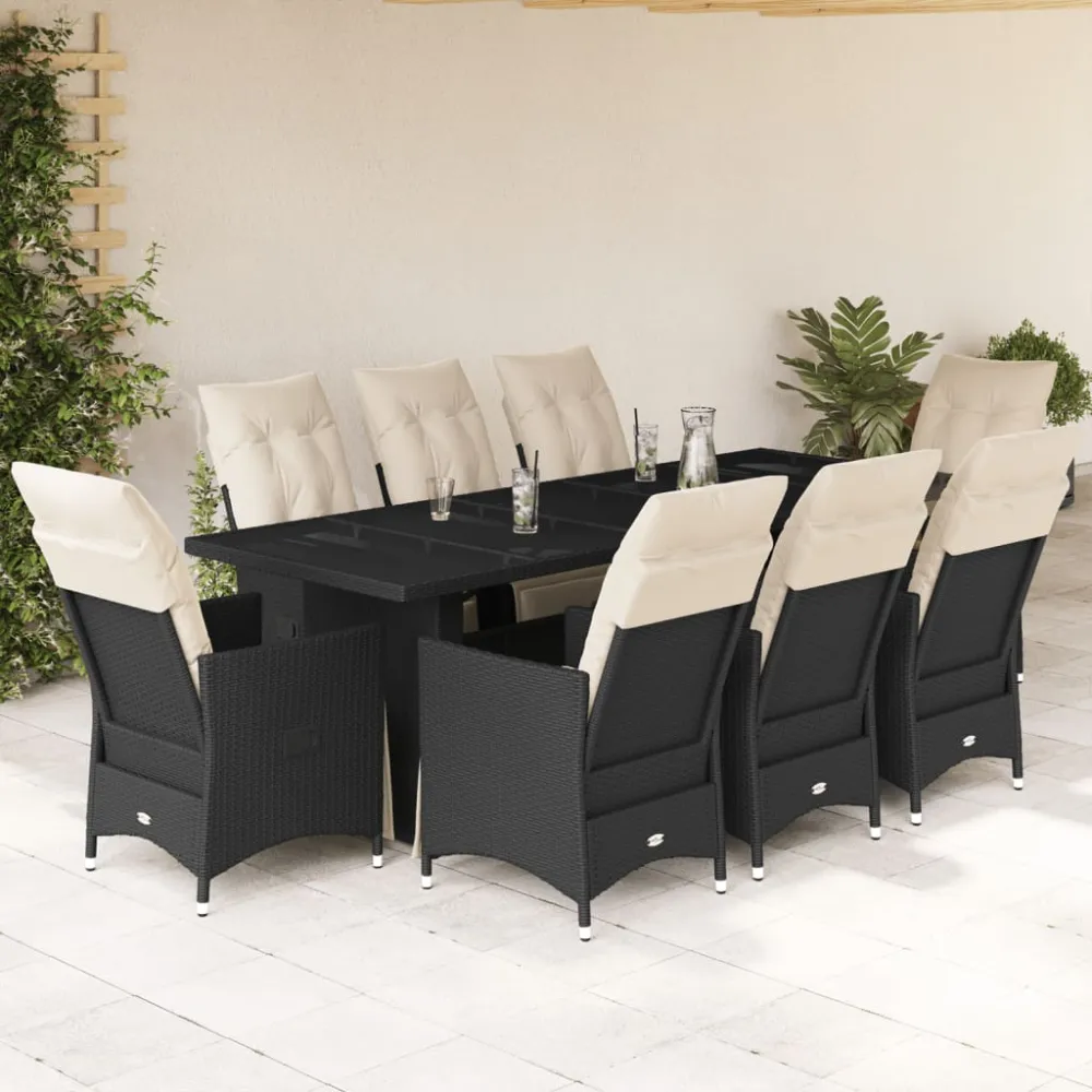 9-delige Bistroset met kussens poly rattan zwart vidaXL