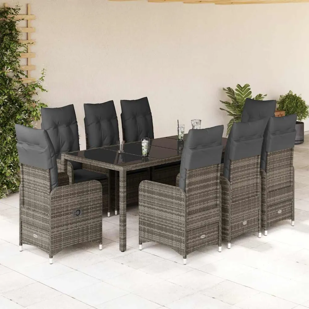 9-delige Bistroset met kussens poly rattan grijs vidaXL