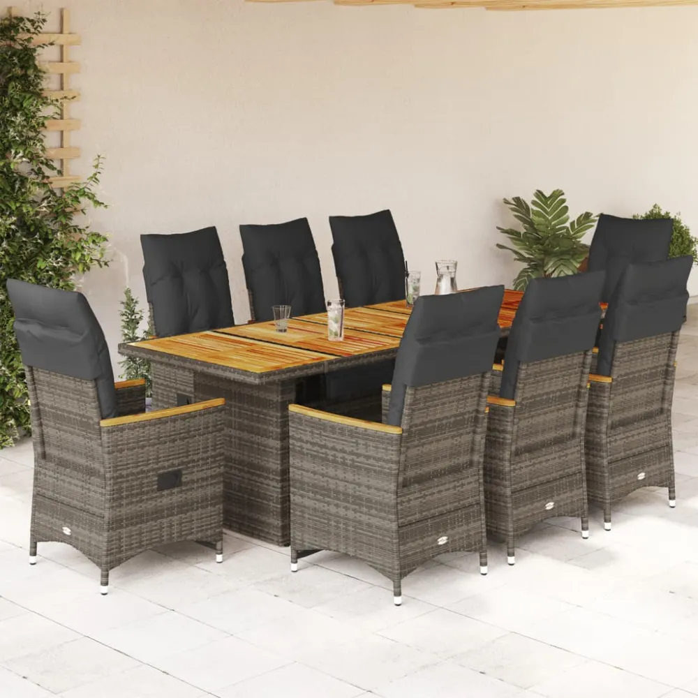 9-delige Bistroset met kussens poly rattan grijs vidaXL