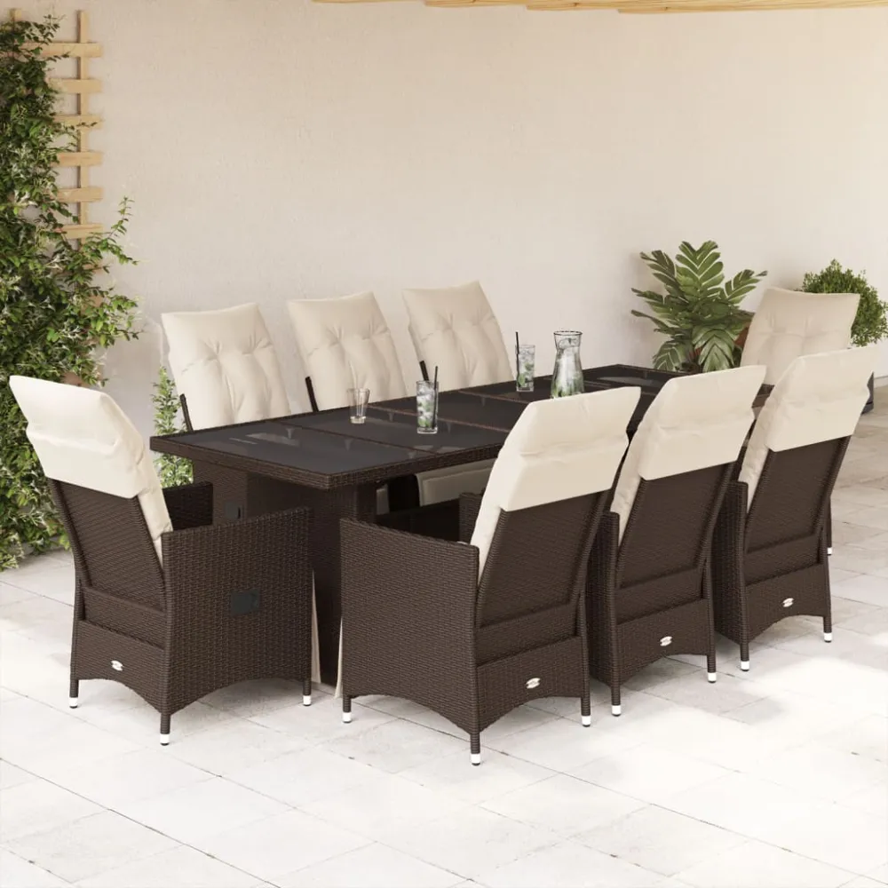 9-delige Bistroset met kussens poly rattan bruin vidaXL