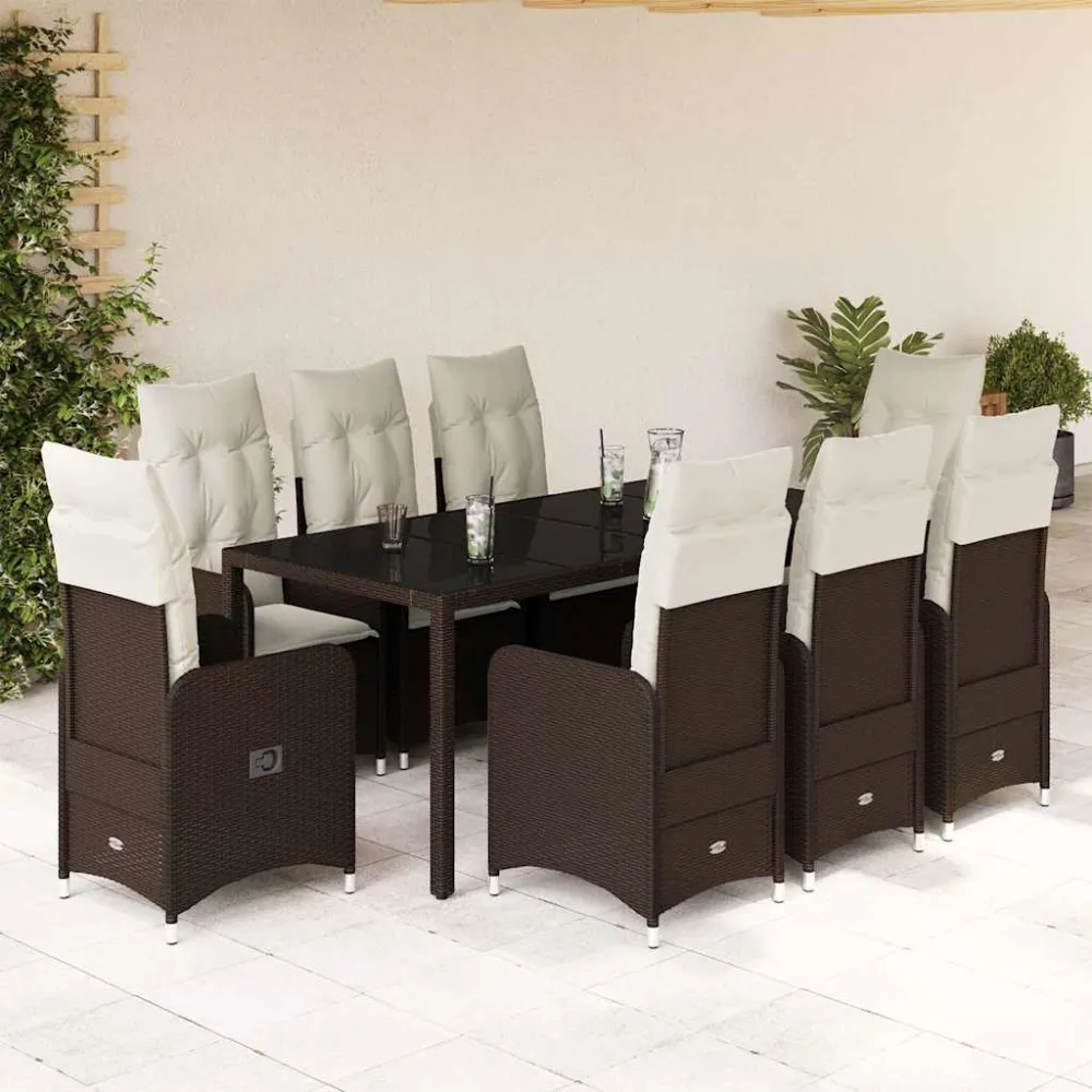 9-delige Bistroset met kussens poly rattan bruin vidaXL