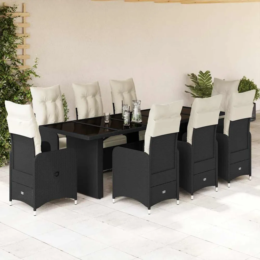 9-delige Bistroset met kussens poly rattan zwart vidaXL
