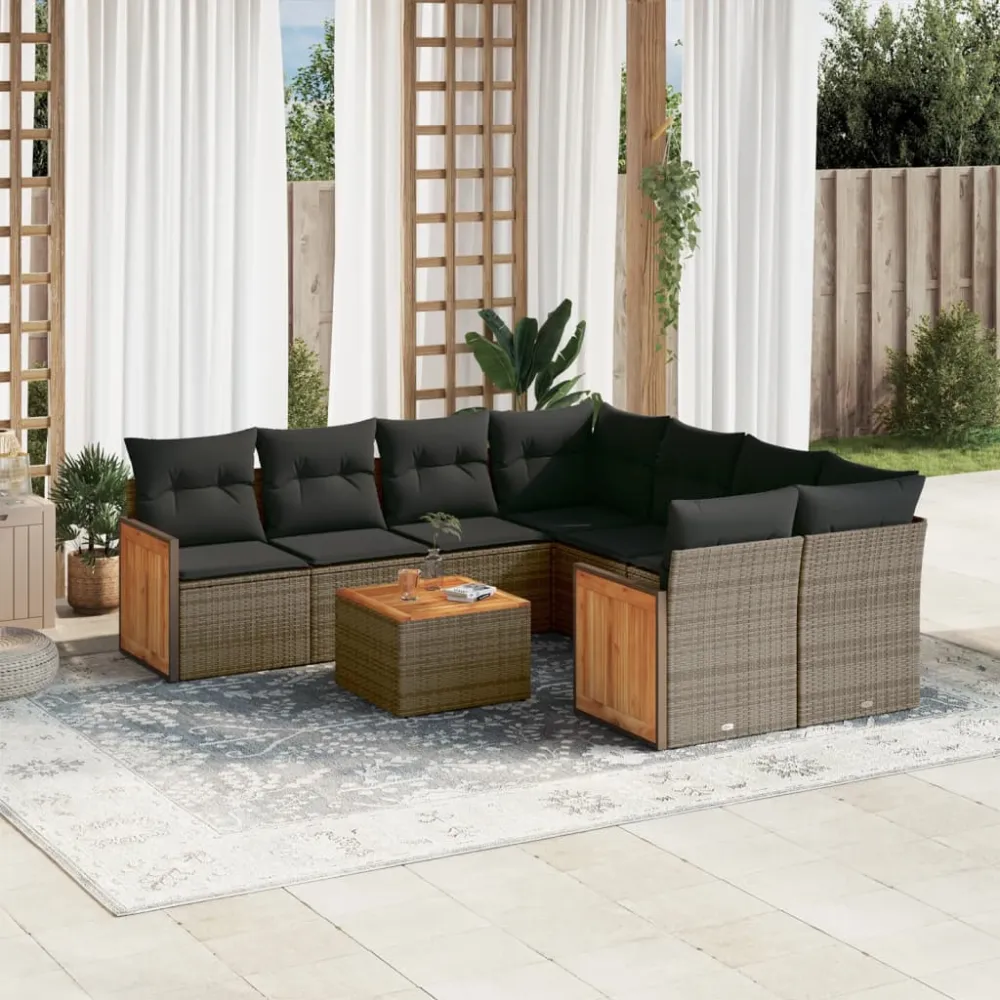 9-delige Loungeset met kussens poly rattan grijs vidaXL