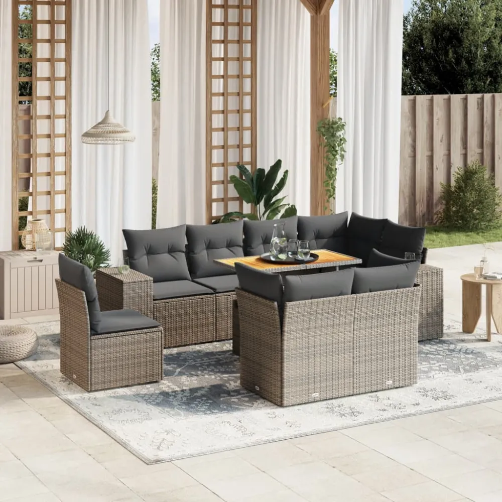 9-delige Loungeset met kussens poly rattan grijs vidaXL