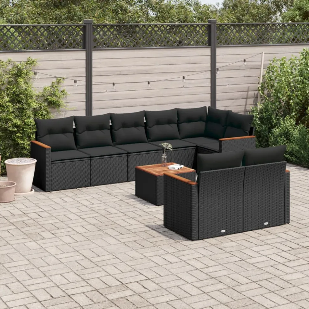 9-delige Loungeset met kussens poly rattan zwart vidaXL