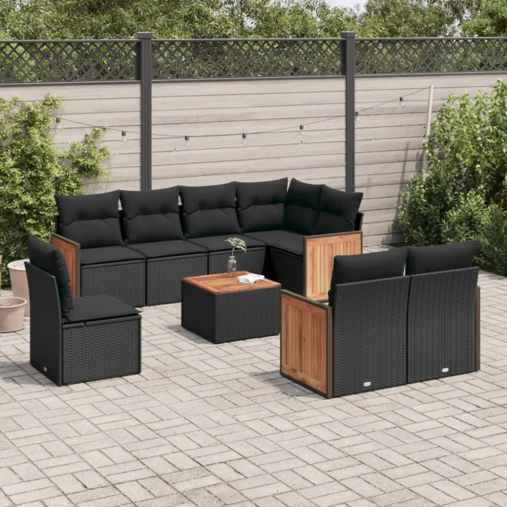 9-delige Loungeset met kussens poly rattan zwart vidaXL