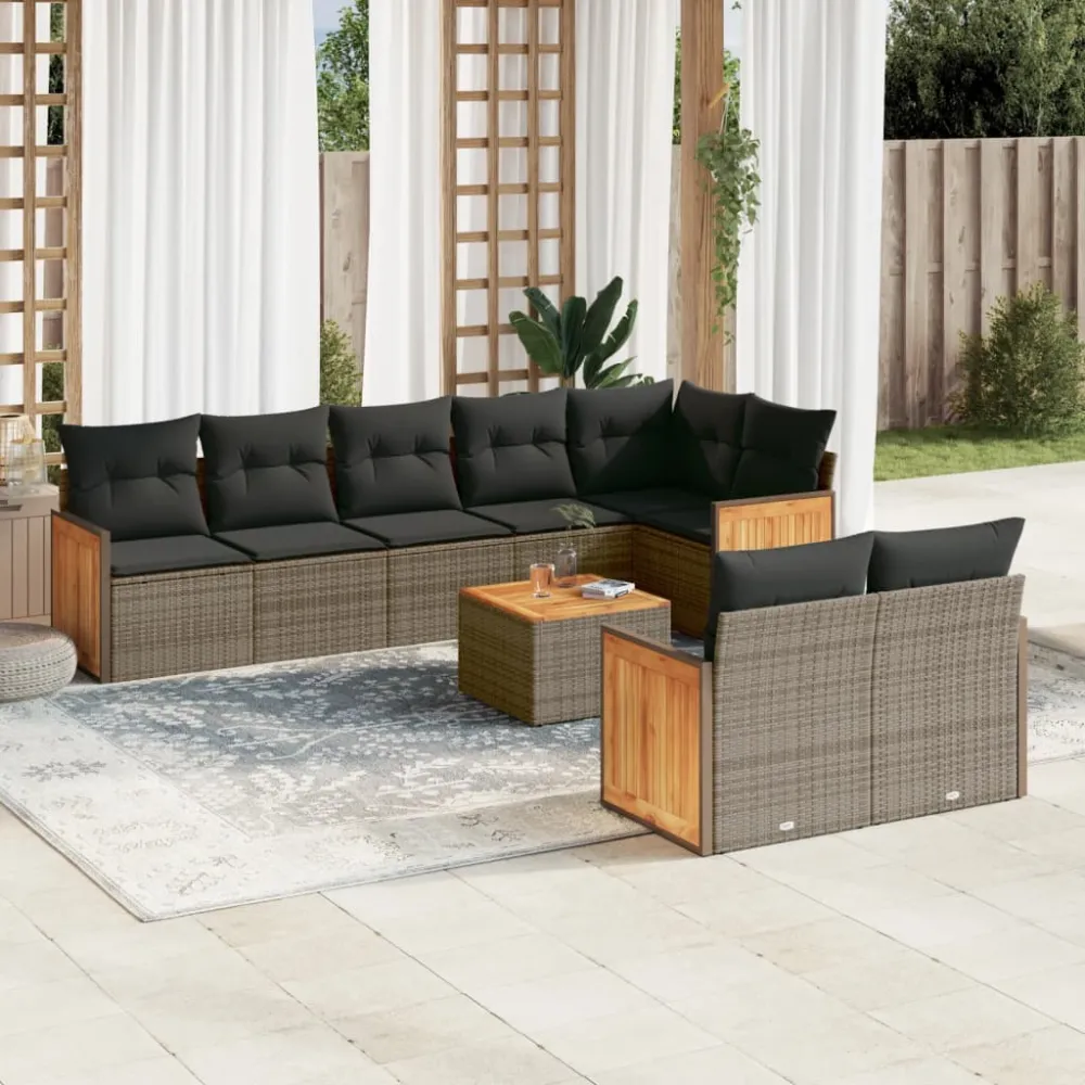 9-delige Loungeset met kussens poly rattan grijs vidaXL