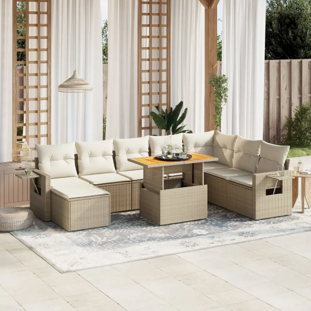 9-delige Loungeset met kussens poly rattan beige vidaXL